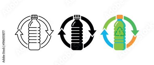 Plastic bottle recycling symbols in different styles and colors for eco-friendly concepts