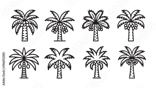 Set of stylized palm tree icons with coconuts minimalist vector graphics