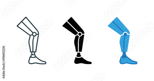 Collection of prosthetic leg icons in outline, solid black, and blue styles