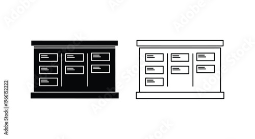 a black and white double door cabinet with drawers Vector