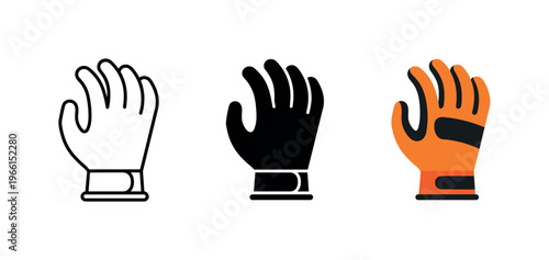 Set of three glove icons: outline, solid black, and orange with black accents