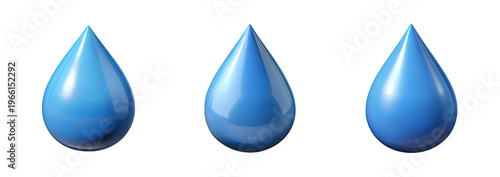 Three glossy blue water drops isolated on transparent background