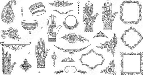 Ornamental Decorative Frame and Hand Illustrations Vector Set with Intricate Patterns, Flourishes, and Symbolic Icons for Elegant Design and Craft Projects