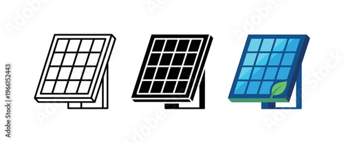 Clean energy solar panel icon with a green leaf symbol for sustainability