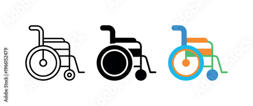 Set of wheelchair icons in outline, solid black, and colorful styles