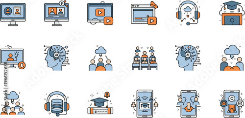Online Learning and Digital Education Icon Set with E Learning, Video Courses, Webinars, Artificial Intelligence, Mobile Apps, and Remote Training 