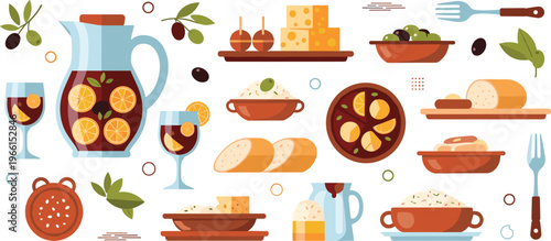 Mediterranean Cuisine Vector Set with Olives, Wine, Cheese, Bread, Pasta, and Traditional Dishes for Healthy Meal, Cooking, and Restaurant Design