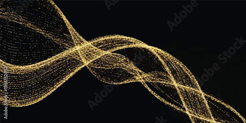 Golden sparkling wave of glitter particles on a black background, abstract festive celebration background, gold background, abstract design