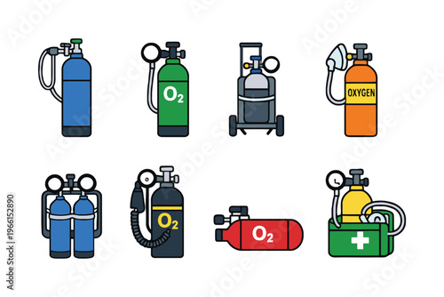 Illustrations of various types of oxygen and medical gas equipment