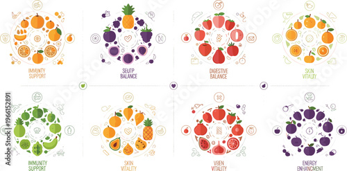 Nutrient-Rich Fruit and Vegetable Health Benefits Vector Set with Immunity, Vitality, Digestive Support, and Energy Enhancement for Wellness and Nutrition Design