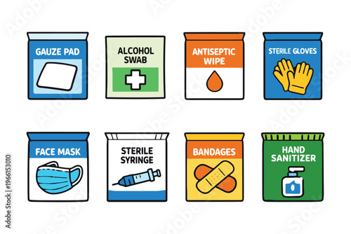 Essential medical supplies illustrated in a first aid kit package design