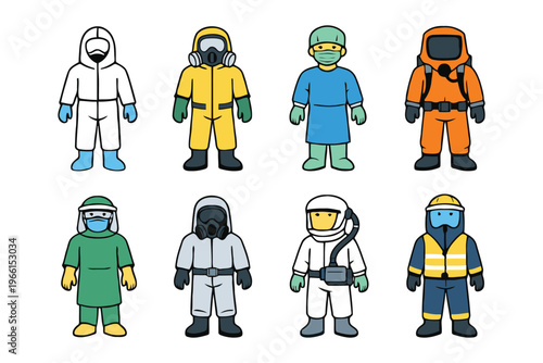 Illustrations of various types of protective suits and gear for safety purposes