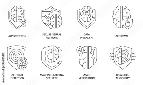 Cyber Security Line Icon Set with Text, Thin Outline Shields with Brain, Neural Protection Logo
