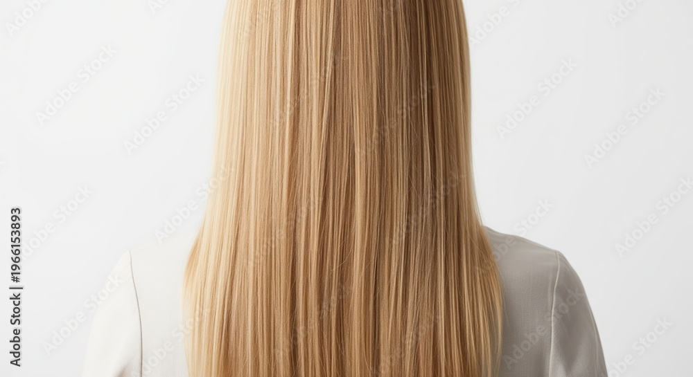 Naklejka premium Back view of a person with long, straight, shiny blonde hair. The hair appears healthy and well-maintained with smooth texture. Ideal for beauty, haircare, and salon content.
