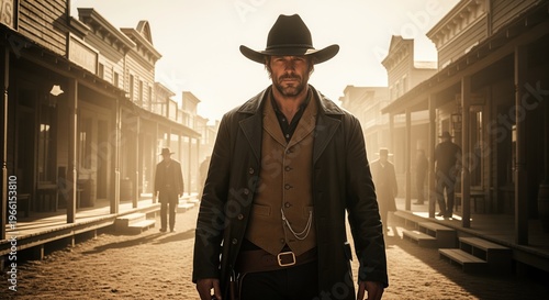 A rugged man in a black coat and cowboy hat walks down a dusty wild west town street. Period buildings line the road as golden sunlight creates a dramatic western atmosphere.