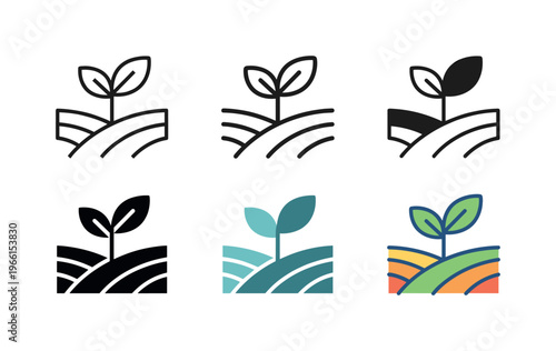 Set of six stylized icons depicting plant growth and agriculture on rolling fields
