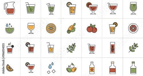 Juicy Drink and Cocktail Vector Set with Fresh Juices, Citrus, Watermelon, Tropical Fruits, Herbs, and Refreshing Beverages for Summer and Beverage Design