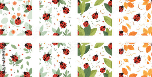 Ladybug and Floral Pattern Set with Vibrant Colors, Leaves, and Spring Elements for Seasonal, Nature-Inspired Design and Textile Projects
