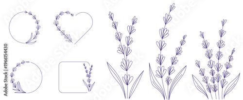 Hand-Drawn Lavender Line Art Set, Botanical Elements, Logo Frames, Floral Wreaths
