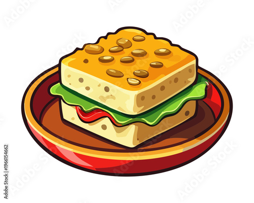 Traditional savory steamed layered snack cake with meat filling served on a red ceramic plate for breakfast menu - Vector Illustration