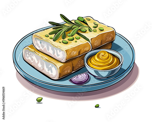 Square shaped steamed white tofu cakes with fresh green herbs and mustard dipping sauce on a light plate - Vector Illustration