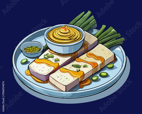 Healthy steamed white tofu blocks served with savory dipping sauce and fresh green spring onions on blue plate - Vector Illustration