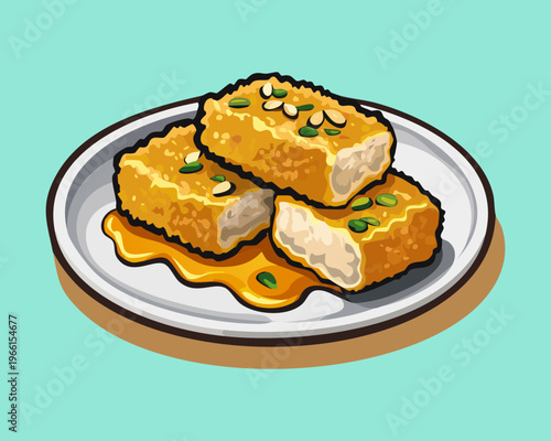 Deep fried crispy golden nuggets served with thick spicy orange sauce on a light blue round ceramic plate - Vector Illustration