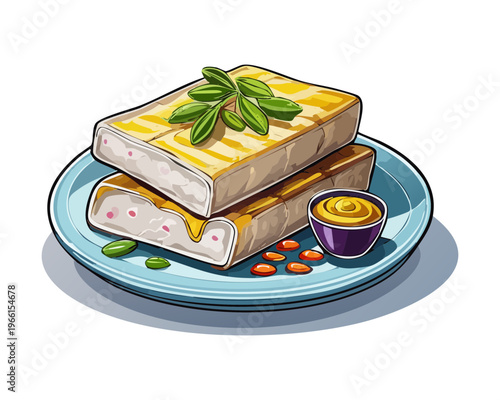 Thick layered savory pancake filled with chopped vegetables and meat served with sweet soy sauce on blue plate - Vector Illustration