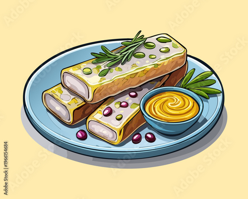 Rolled tofu skins stuffed with savory minced meat and served with spicy yellow curry sauce for lunch meal - Vector Illustration