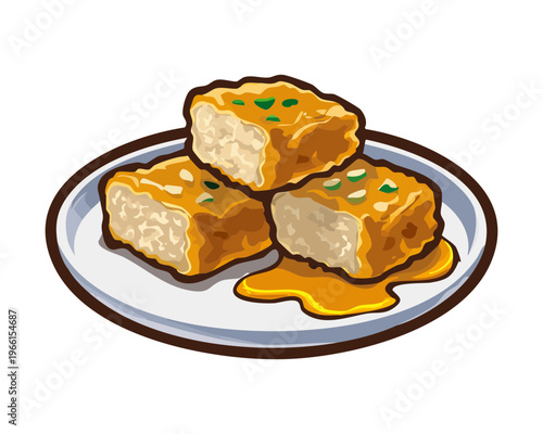 Sliced fried bean curd cubes with crispy texture served with sweet chili sauce and fresh green vegetable garnish - Vector Illustration