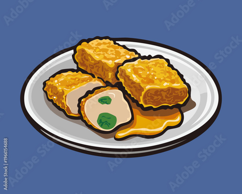 Crispy breaded fish nuggets filled with green vegetables served with savory dipping sauce on a dark blue plate - Vector Illustration