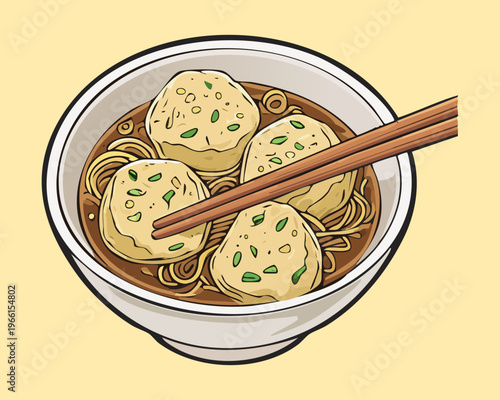 Traditional meatball noodle soup with clear broth and green vegetables served in a white bowl with chopsticks - Vector Illustration