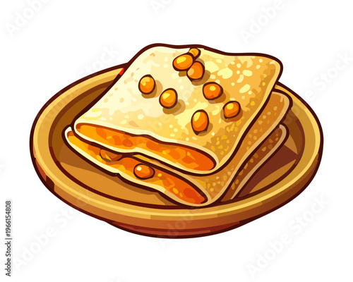 Traditional savory crepes filled with spicy meat and vegetables served on a yellow ceramic round plate - Vector Illustration