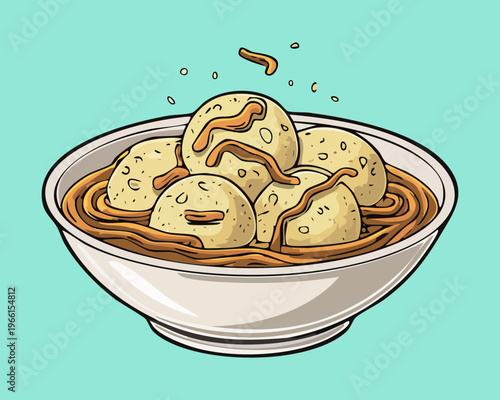 Savory meatball soup with white noodles and fresh green vegetable garnish served in a light blue bowl - Vector Illustration