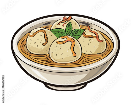 Traditional meatball soup with white noodles and fresh green herbs served in a white bowl for dinner meal - Vector Illustration