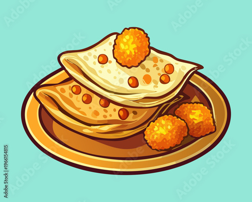 Crispy fried crepes filled with savory meat and served with small fried snacks on a yellow plate - Vector Illustration