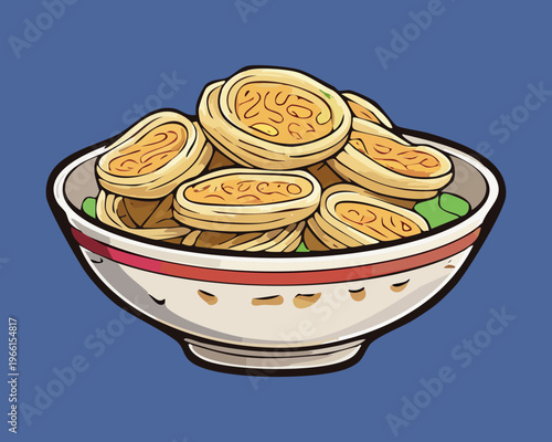 Crispy fried noodles served in a white ceramic bowl with savory broth and fresh green vegetable garnish - Vector Illustration