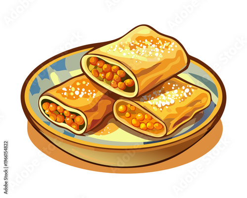 Deep fried savory crepes filled with vegetables and meat served with spicy dipping sauce on a blue plate - Vector Illustration