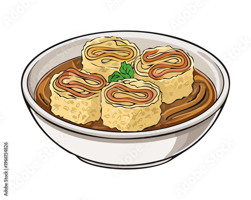 Savory fried dumpling rolls filled with meat and served in a bowl of clear noodle broth soup - Vector Illustration