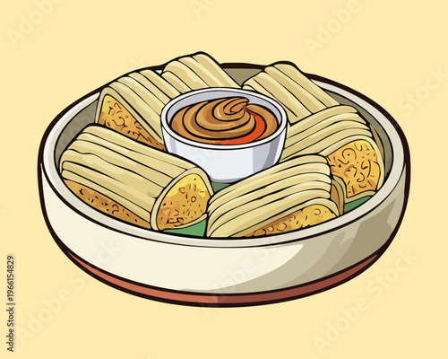 Steamed savory dumplings filled with meat and served with spicy peanut dipping sauce on a white plate - Vector Illustration