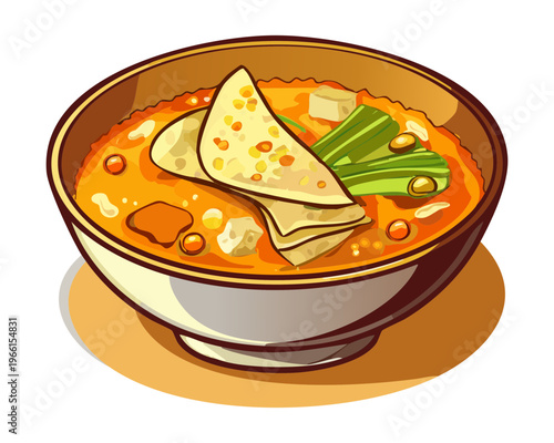 Spicy meatball soup with orange broth and fresh green vegetables served in a white ceramic bowl - Vector Illustration