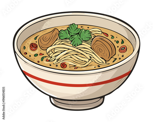 Savory noodle soup with beef slices and fresh green herbs served in a white ceramic bowl - Vector Illustration