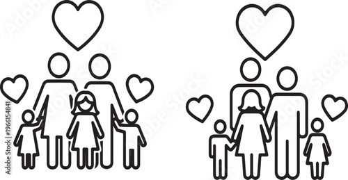 Black line art of a family with hearts on white background