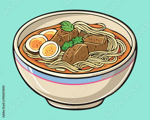 Traditional beef noodle soup with boiled egg and green vegetables served in a blue ceramic bowl - Vector Illustration
