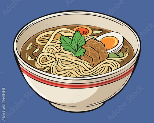 Traditional chicken noodle soup with boiled egg and fresh green vegetables served in a blue bowl - Vector Illustration