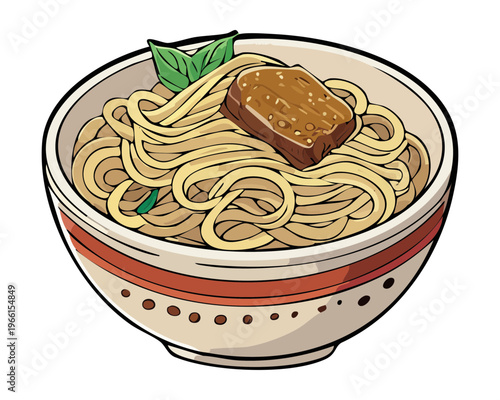 Dry beef noodles with savory topping and fresh green herbs served in a white ceramic bowl - Vector Illustration