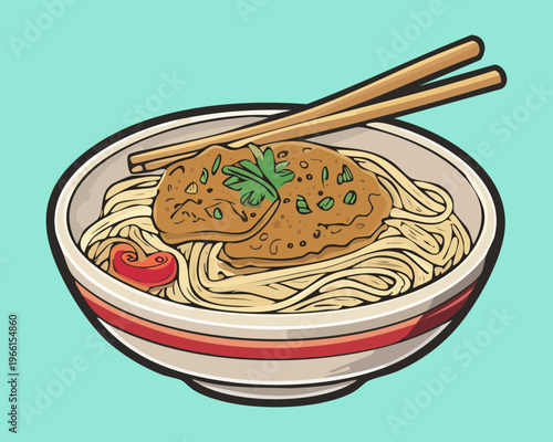 Traditional chicken noodles served with savory sauce and fresh green vegetables in a white ceramic bowl - Vector Illustration