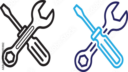 Black silhouette of a wrench and screwdriver crossed over each other isolated on white background