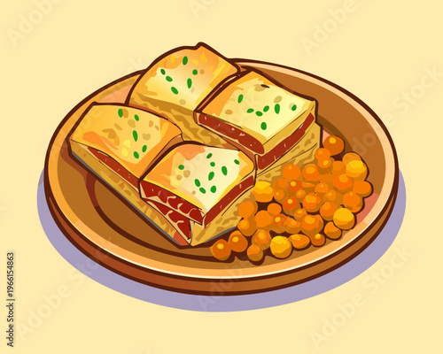 Savory fried pancake filled with spicy meat and vegetables served with spicy dipping sauce on yellow plate - Vector Illustration