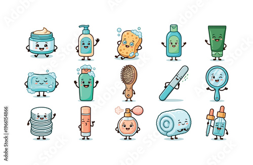 Cute cartoon collection of personal hygiene and beauty products with faces